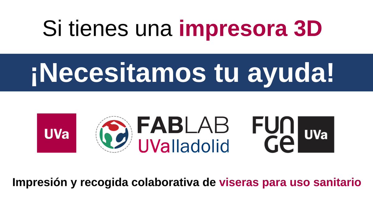 Fundacion_UVa's tweet photo. ⚠ Llamamiento a todos los vecinos de #Valladolid: ¡necesitamos vuestra colaboración!

El @fablabuva está imprimiendo viseras de protección para uso sanitario.

Seis impresoras 3D trabajan 24h/día para imprimir el mayor número posible, pero NO es suficiente. (Sigue el hilo ⬇) https://t.co/5VVmyy0Lji
