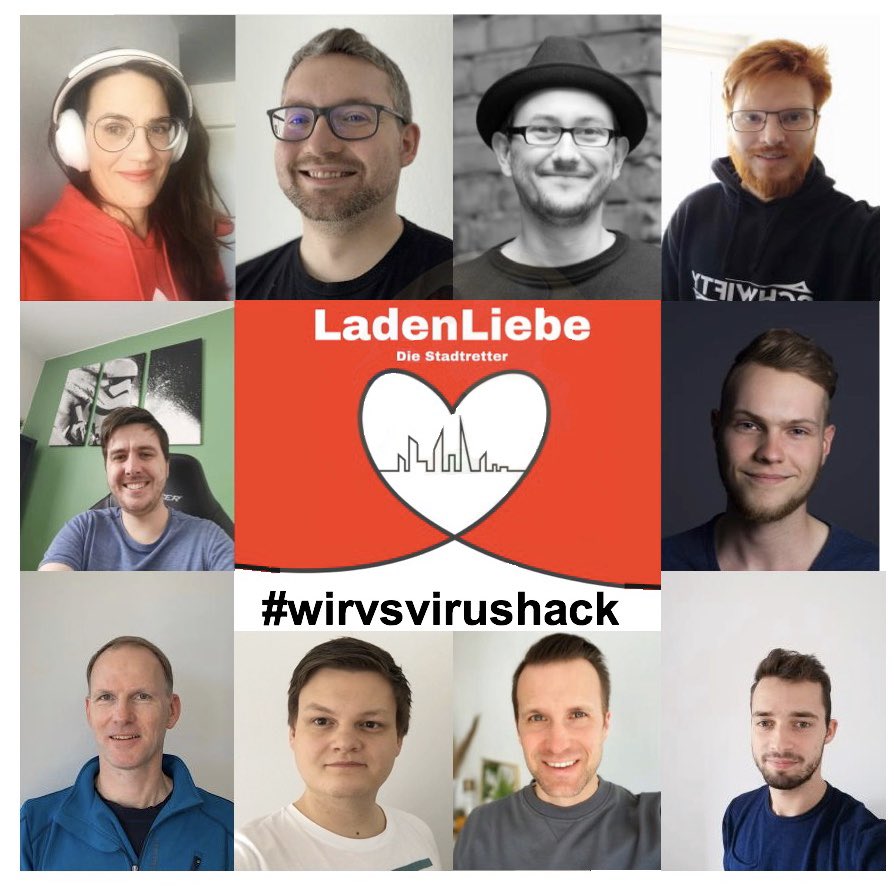 laden_liebe's tweet photo. Team #LadenLiebe beim @WirvsVirusHack: tolle Menschen, die in 48h gemeinsam einiges bewegt haben. Der Protoyp unserer Plattform steht. Jetzt gehts morgen weiter, um mit Vollgas durchzustarten. Wir freuen uns auf weitere Unterstützung! #WirVsVirusHack https://t.co/VbpICowKDY https://t.co/NurRwwZyEU