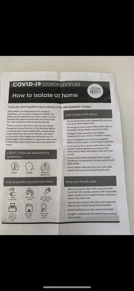 IsabelleSpinney's tweet photo. Really helpful sheet they gave my mom at the confederation bridge screening station as she returned to the island from shediac!  I’ve been very impressed at PEI’s response to the pandemic! https://t.co/UzGlLrMvjb