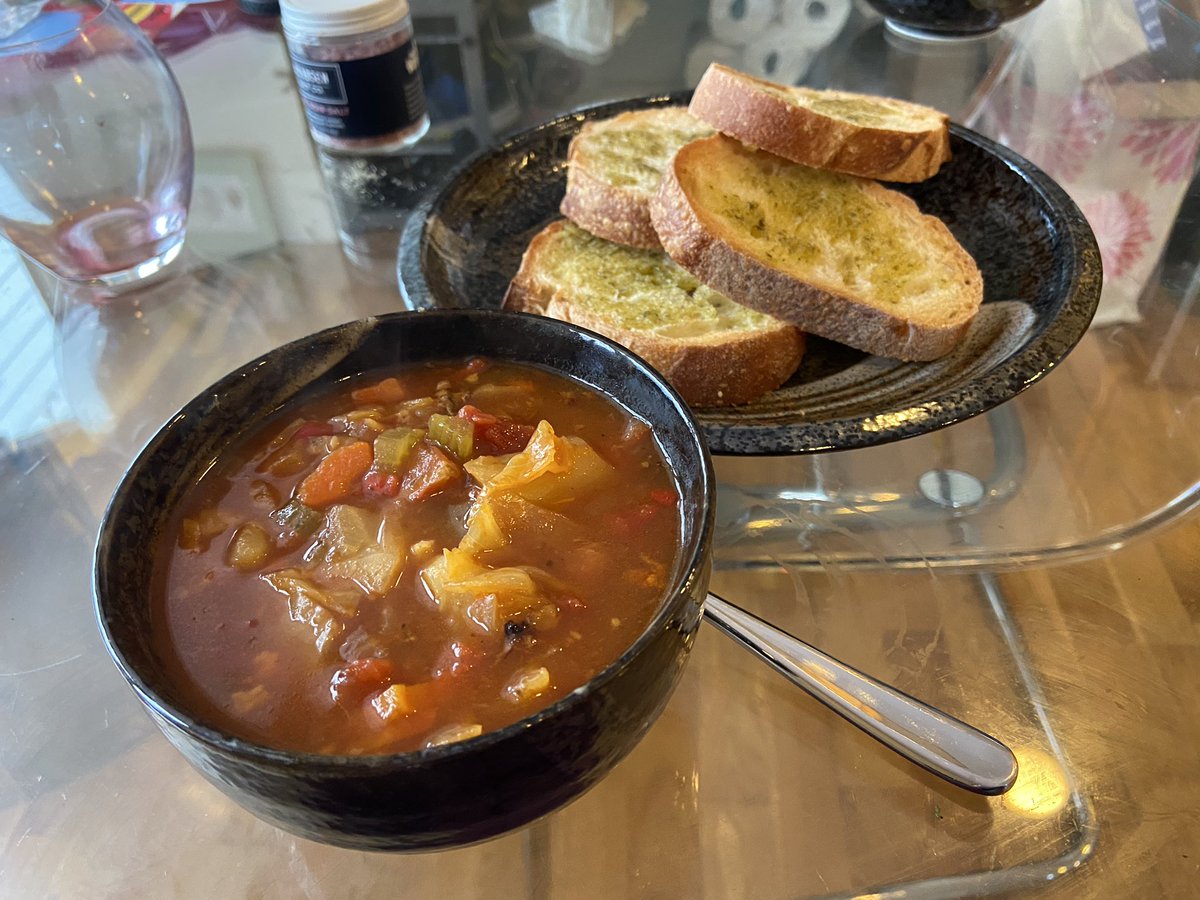 Day 6 (3/22): HK style beef ribs borscht soup with garlic bread for lunch, dinner pending