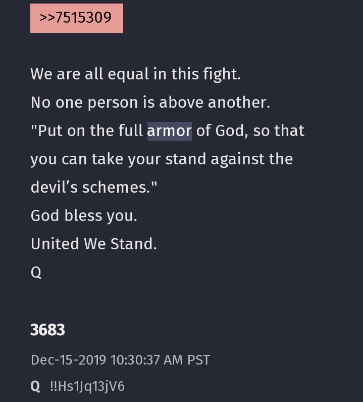 19. "Armor of God"Q references Eph. 6:10-18 at least 6 times in his drops so of course he is a Christian right? Only if you consider Freemasons and Knights Templar to be Christians. The "armor of God" has a Masonic/New Age meaning as well.Masons don't pray in Jesus name.