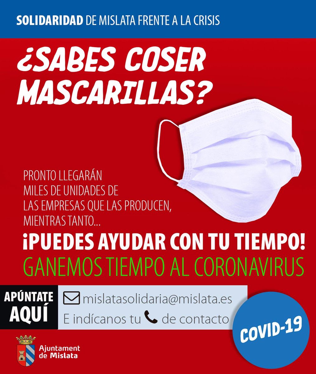 CarlosFBielsa's tweet photo. 🌈¿Sabes coser? Ayúdanos a ganar tiempo al virus hasta que lleguen las nuevas mascarillas.
🥼 El @AjMislata te facilitará el material.Solo tienes que poner tu habilidad y tiempo para un fin solidario 📩 Escribe a mislatasolidaria@mislata.es y deja tus datos
#NosotrosSomosLaVacuna https://t.co/3IgoPjcBhL