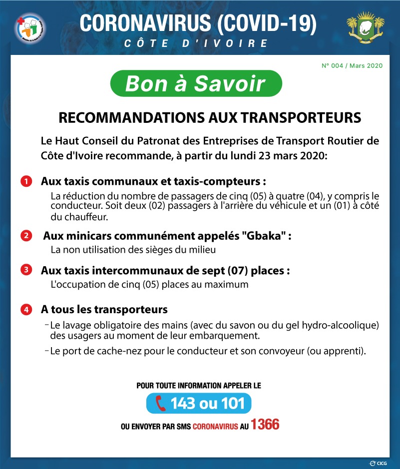 Gouvciofficiel's tweet photo. 🔴Bon à Savoir
✅Recommandations aux transporteurs

#Gouvci #CICG
#Covid19CI #CoronavirusCI
#Covid19 #Coronavirus

Plus de détails ⤵️ https://t.co/8VsILlvXR3