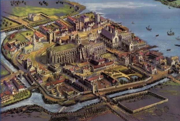 oldlondonnow's tweet photo. Palace of #Westminster &amp; Abbey Church / Monastery #London ‘Thorney Island’ 1532.
Surrounded on three sides by the River Tyburn. Southern boundary ditch current turned the Abbot’s Millwheel at Millbank.
(recreated by Drake Brookshaw after Henderson Westminster City Archive Centre) https://t.co/EgYUvTcLir