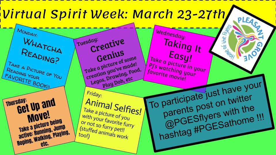 Let’s show some PGES Virtual Spirit! <a href="/pgesflyers/">Pleasant Grove Elem</a> <a href="/PGES5th/">PGES 5th Grade</a>