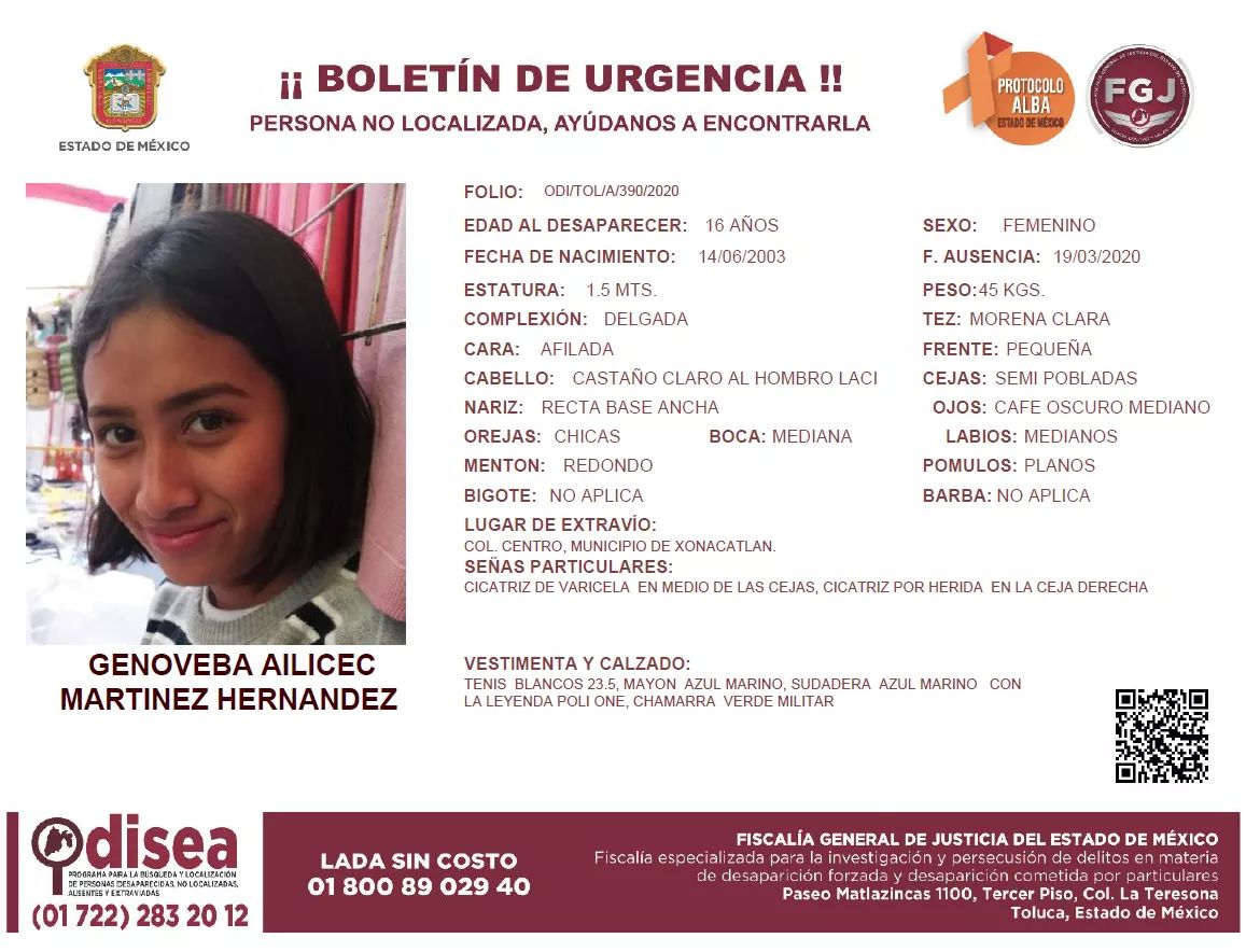 🚨 🚨 COMPARTE! 🚨 🚨 Posiblemente Gracias a Ti podamos localizar a Genoveba Ailicec Martínez Hernandez de 16 años de edad. Fue vista por última vez el 19 de marzo en el municipio de #Xonacatlan #EdoMex