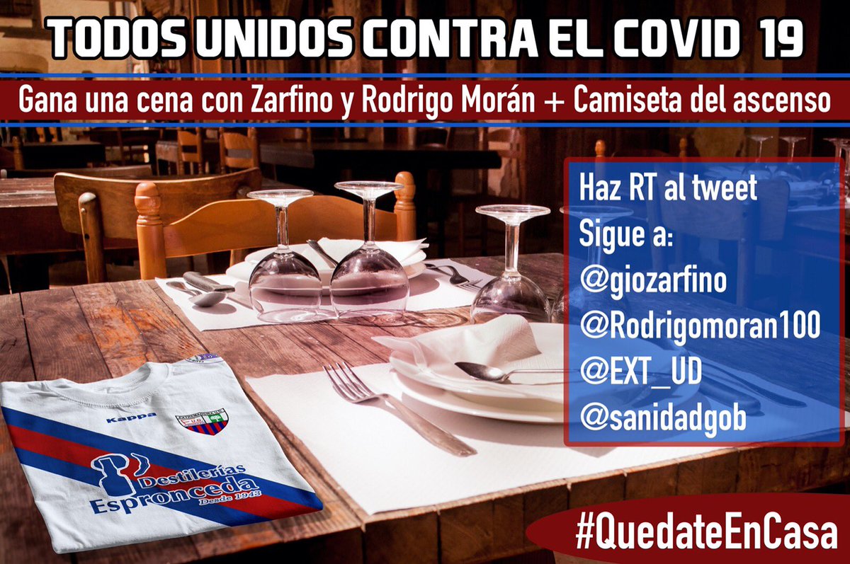 🔥SORTEO CAMISETA🔥

Con el gran <a href="/giozarfino/">Gio Zarfino</a> 🇺🇾 regalamos camiseta Ascenso del <a href="/EXT_UD/">Extremadura UD</a> con Cena de 3

¡ Muy fácil ! 

1️⃣ RT a este TUIT para compartir
2️⃣ Sigue las cuentas:

👉🏽 <a href="/giozarfino/">Gio Zarfino</a> 
👉🏽 @rodrigomoran100
👉🏽 <a href="/EXT_UD/">Extremadura UD</a> 
👉🏽 <a href="/sanidadgob/">Ministerio de Sanidad</a> 
 
Hasta 23:59h de 01/04/20

#QuedateEnCasa