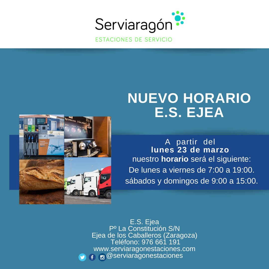 #nuevohorario 🕣 A partir del lunes 23 de marzo el horario de nuestra estación de servicio de Ejea de los Caballeros será el siguiente: 
De lunes a viernes de 7:00 a 19:00.
sábados y domingos de 9:00 a 15:00.
E.S. Ejea
Pº La Constitución S/N
Ejea de los Caballeros (Zaragoza)
