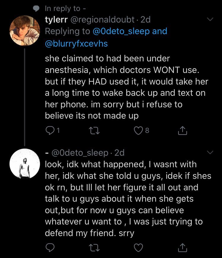 -admitting she messed up. dont hate on her, just let her know what she did ISNT okay and hat its super manipulative behavior. this is what ive said to her and other tweets people have said to her and how she replied pretending to be her cousin to guilt trip everyone.