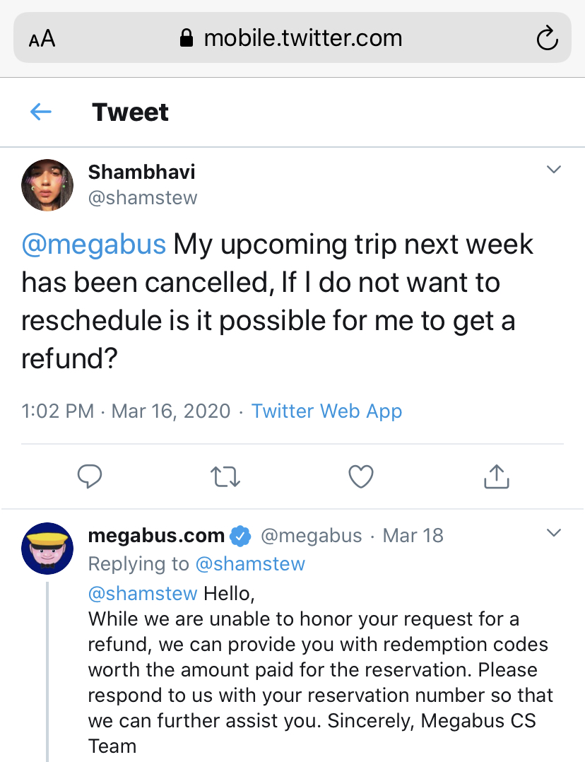 psbvang's tweet photo. @ClaudPvd @megabus They gave redemption codes to other customers and I am simply asking for the same level of customer service. https://t.co/Ypn4Mm9MuT
