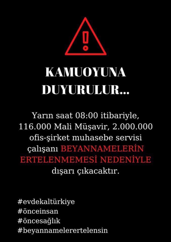 Mali Müşavirler her zaman  ülkesi 🇹🇷 için fedakar olmuştur. Fakat bu sefer durum farklı... Yaşam için, Virüsün daha fazla yayılmaması için “Beyanlar Ertelensin” 

#evdekal
#beyanlarertelensin