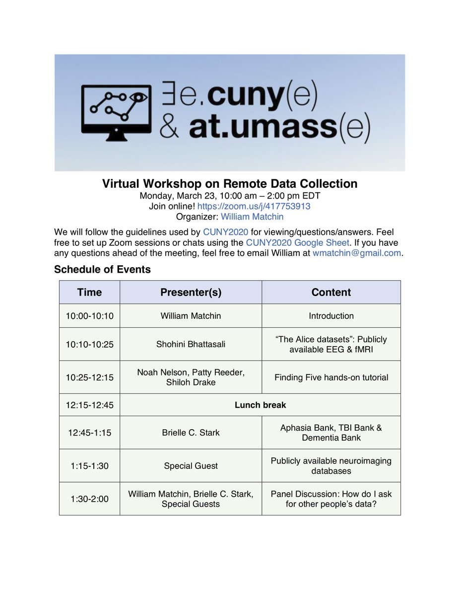 wmatchin's tweet photo. Program for #CUNY2020 virtual workshop tomorrow 10:00 am EDT: https://t.co/yCb9Nu0SoZ. Includes hands-on demo of FindingFive online platform https://t.co/GGaDbgjZ85

Join at https://t.co/UKIK9R4180. All welcome!

@CUNYUMass @UpdateFF @gweezlouise @linguistbrian @BrielleStarkPhD https://t.co/tpx2SJVGCy