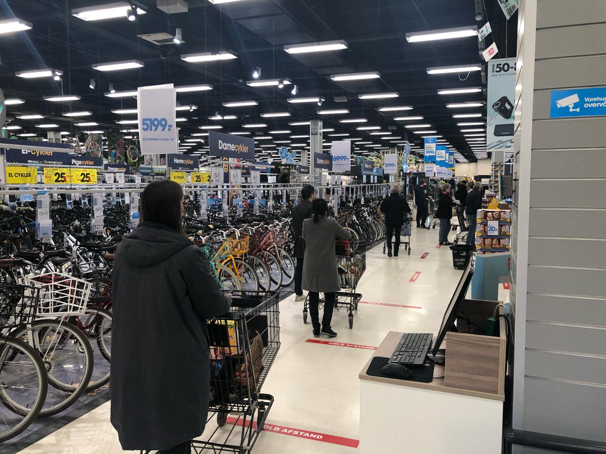 dresserman's tweet photo. This is from Salling Group / @bilkadk - The Danes adopting their social distancing in the queue. 

We in the UK need to get a grip. ASAP. https://t.co/3RQRrDC9Hm