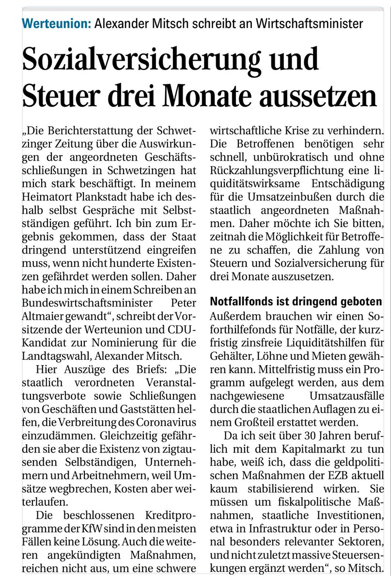 WerteUnionEssen's tweet photo. Der Bundesvorsitzende der #Werteunion, Herr Alexander #Mitsch schlägt zur Bewältigung der #Coronakrise vor, für drei Monate die #Sozialversicherung und #Steuern auszusetzen. https://t.co/KovLa5p0ix