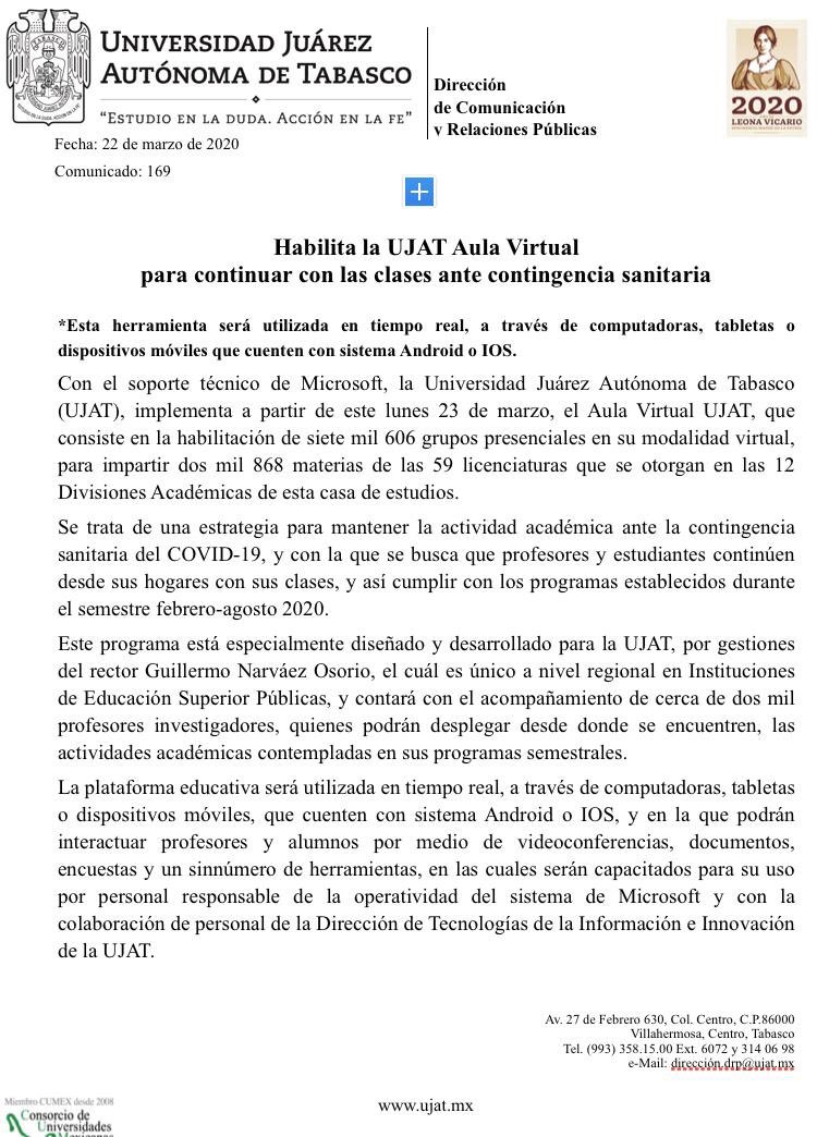 narvaezosorio's tweet photo. Aviso: con el esfuerzo de la dirección de cómputo de @UJAT y la generosidad de @MSFTMexico a partir del lunes todos los alumnos y docentes de esta institución educativa podrán acceder a clases virtuales desde sus casas . https://t.co/9QyznbHTtx