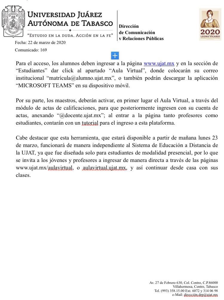 narvaezosorio's tweet photo. Aviso: con el esfuerzo de la dirección de cómputo de @UJAT y la generosidad de @MSFTMexico a partir del lunes todos los alumnos y docentes de esta institución educativa podrán acceder a clases virtuales desde sus casas . https://t.co/9QyznbHTtx