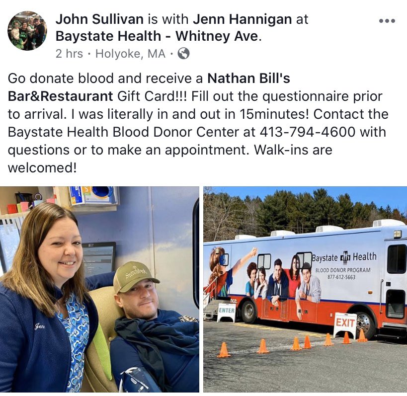 SwitchbackBeer's tweet photo. The good our friends from @NathanBillsEFP do for their community knows no bounds. Take a page out of our dear friend (and idol) John Sully’s book and find a local blood donation center. It doesn’t hurt to rep your favorite brewery while you donate! #redcross #wmass https://t.co/tuZL1JmNjr