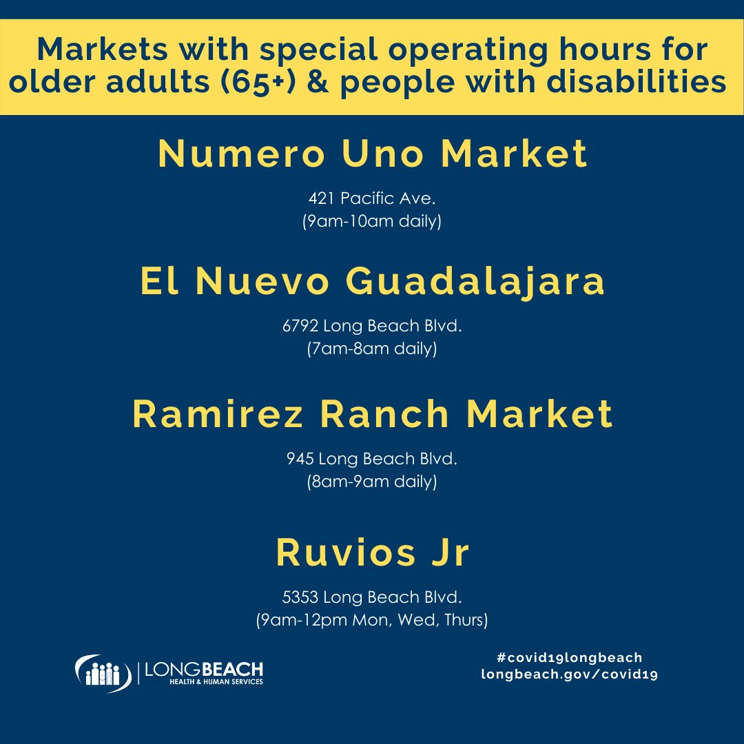 Several Long Beach grocery stores have started special shopping hours for those who are at a higher risk for more serious complications from COVID-19. Here is a list of grocery stores with adjusted hours: