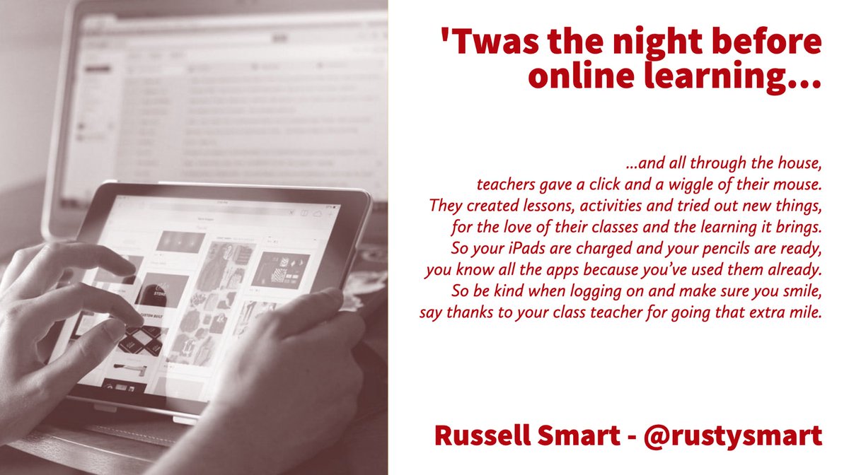To all teachers starting #homelearning #remotelearning tomorrow. This little poem from <a href="/rustysmart/">Russell Smart NPQH FCCT</a> that he shared last night is a cracker. For those going in and risking their lives for key-workers, please keep safe. Let’s all keep safe.