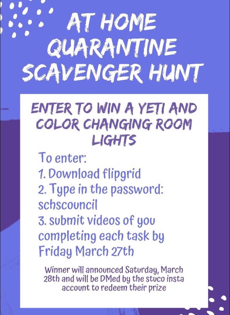 STONEY CREEK !!! Want a chance to earn prizes by keeping yourself busy @ home?? Participate in the scavenger hunt &amp; make sure to check out flipgrid for the list:) <a href="/rochcommschools/">Rochester Community Schools</a> <a href="/AntSCHS/">TeacherOfTheWorld</a> <a href="/WeAreSCHS/">Stoney Creek High School</a> <a href="/SCHS_Core/">SCHS Core</a> <a href="/SCHSmusical/">SCHS Musical</a>