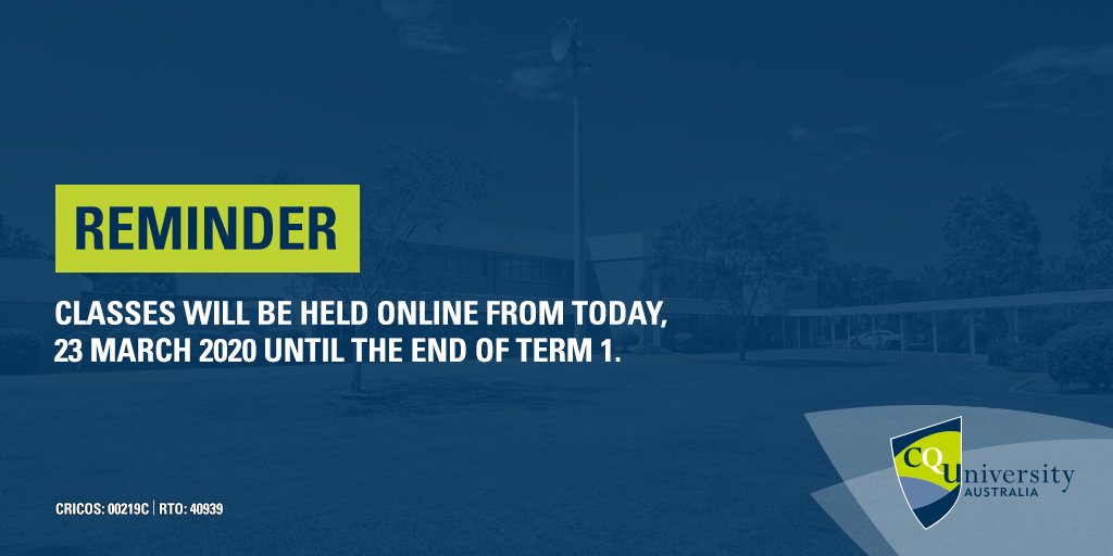 #CQUni classes will be taught online only starting today. Students are encouraged to visit Moodle for updates and communications from teaching staff. Campuses remain open in all locations with access to student support and facilities. ow.ly/8a7050ySkyO #onlinestudy