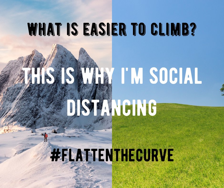 TompkinsToday's tweet image. Flattening the curve means preventing too many people from getting sick all at once, which would overwhelm the healthcare system. #socialdistancing #flattenthecurve #stopthespread #stayhomeTompkins #stayhomestaysafe [Alt. Text: photo of mountain next to flat field.]