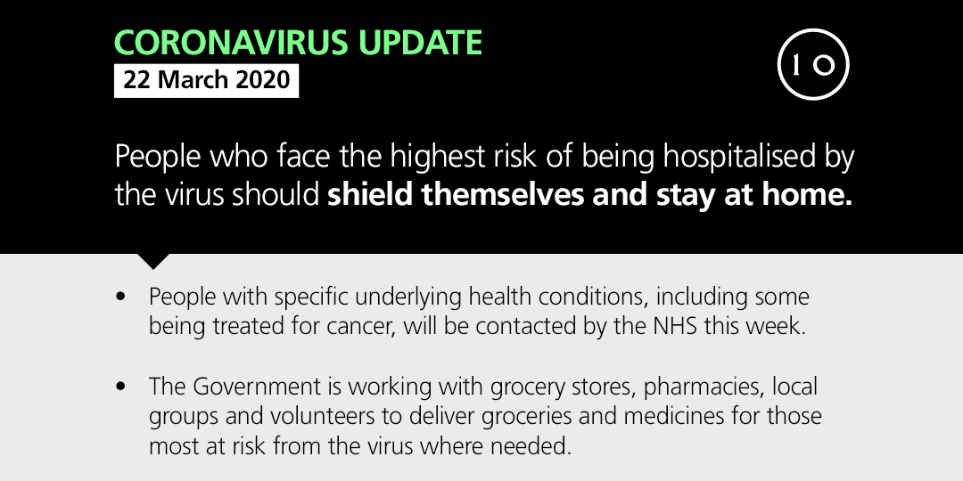 10DowningStreet's tweet photo. People who are most at risk of being hospitalised by coronavirus will be contacted from Tuesday with detailed advice on behalf of their GP practice or specialist on how best to protect themselves.  

More info: https://t.co/CjHMsJBRm0

#StayHomeSaveLives https://t.co/N0oA2PO0AO