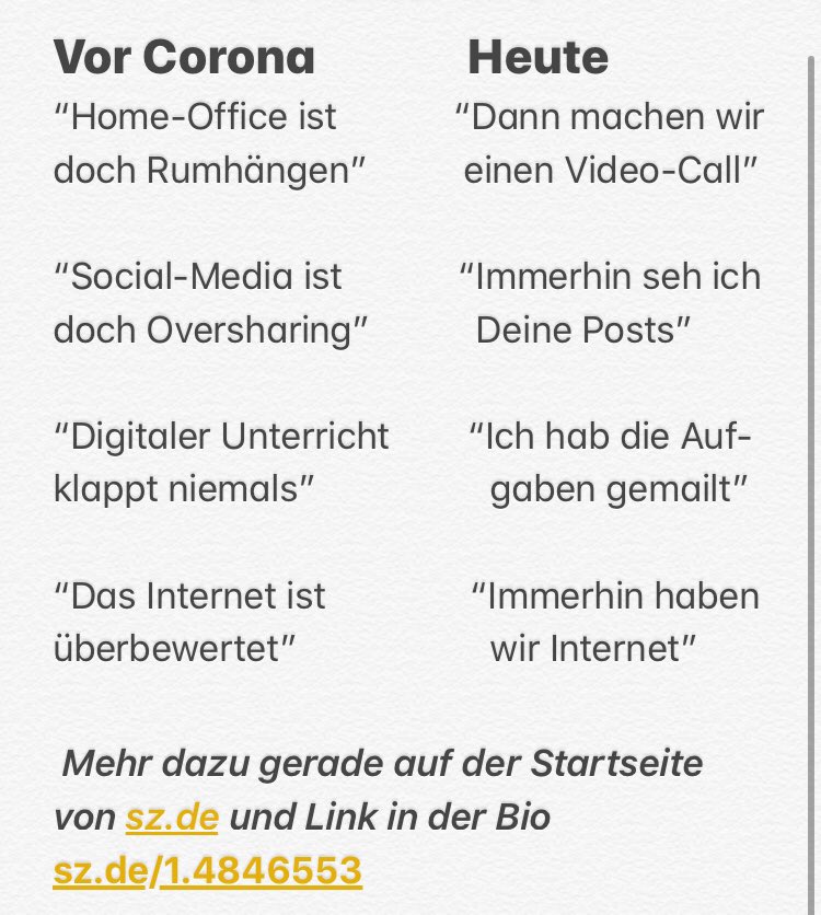 textundblog's tweet photo. Starker Essay von @dfg: "Die #Corona-Krise beweist auch den bisherigen Skeptikern, dass die Digitalisierung ein Geschenk für die Menschheit ist. Die nun gebotene soziale Distanz wäre ohne das Internet unerträglich."
via @sz https://t.co/xRp3Tec5xD https://t.co/d8bqqJR7Et