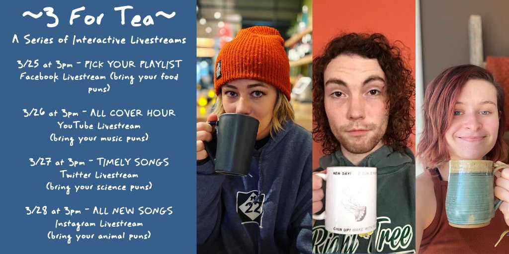 Launching our #3ForTea series this week! Starting Wed., every day from 3-4pm EST we will be #livestreaming from the attic. #drinkyourtea #washyourhands #bringyourpuns