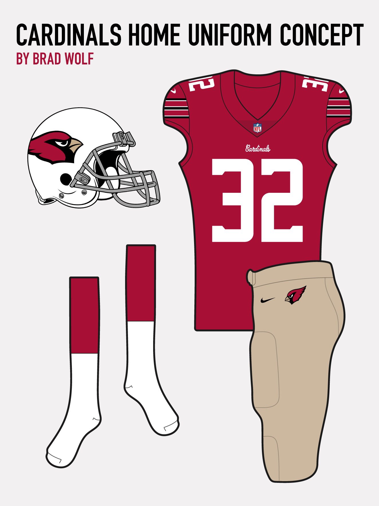 Brad Wolf on X: Arizona Cardinals uniform concept: - Classic helmet and  sleeve stripes - Custom number font and wordmark - Retro-inspired beige  pants Thoughts?  / X