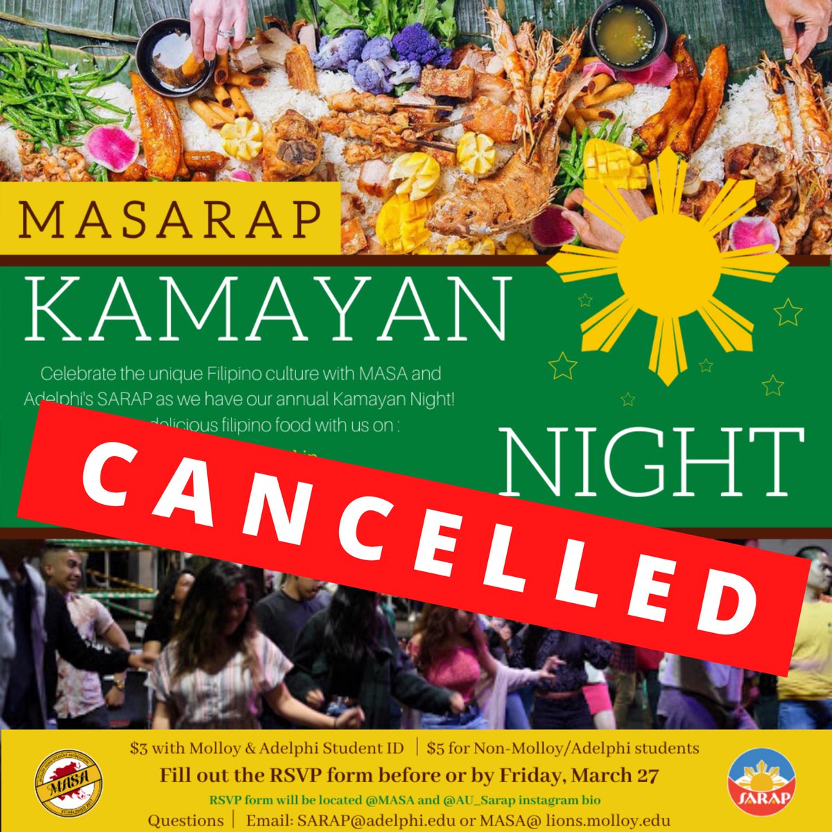 AU_SARAP's tweet photo. It is with our heavy hearts to announce that our Kamayan Night &amp; Volleyball Tournamenthave been cancelled. We are deeply sadden by making this difficult decision but we thank all of you for being understanding and supportive throughout this situation. Until then, please be safe! https://t.co/4QeU021djH