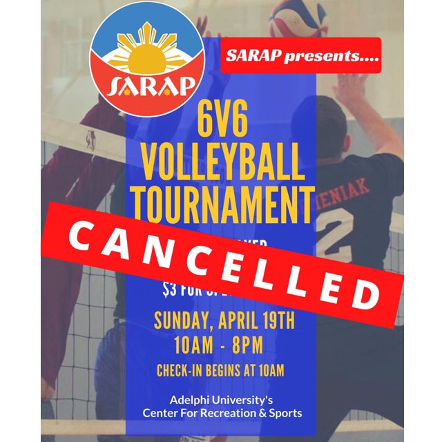 AU_SARAP's tweet photo. It is with our heavy hearts to announce that our Kamayan Night &amp; Volleyball Tournamenthave been cancelled. We are deeply sadden by making this difficult decision but we thank all of you for being understanding and supportive throughout this situation. Until then, please be safe! https://t.co/4QeU021djH