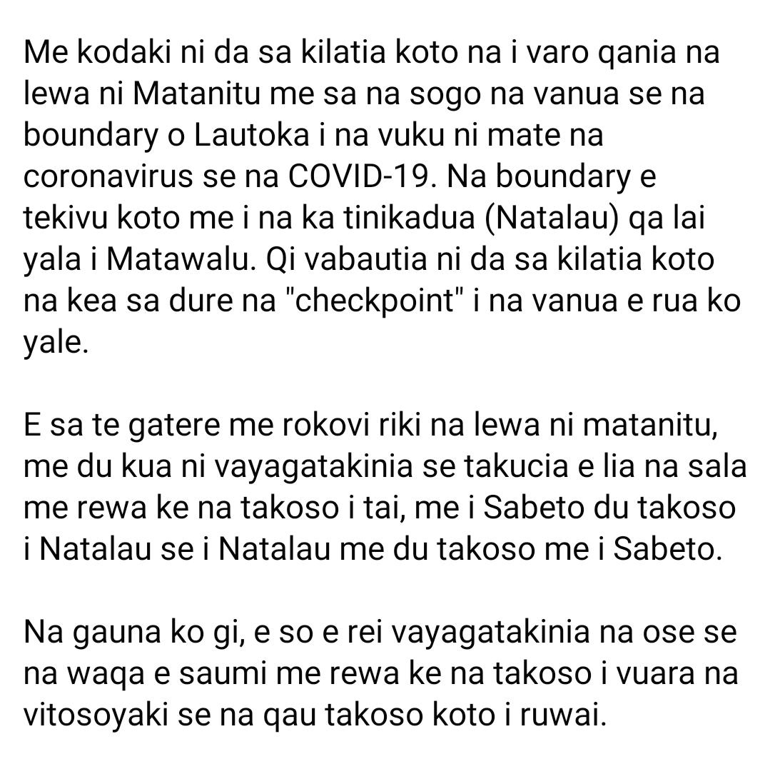 bendaveta's tweet photo. Va-Momo i Were Levu i Erenavula dra mata na Momo Levu na Tui Sabeto qania na kea kawa cola na siga nikua. Na gatere i na kea lai takuci na lewa ni Matanitu baletia na valuti ni #COVID19FJ . (Plea to people in Sabeto dialect to follow directives re: Lautoka lockdown) https://t.co/kuHToJdEMb