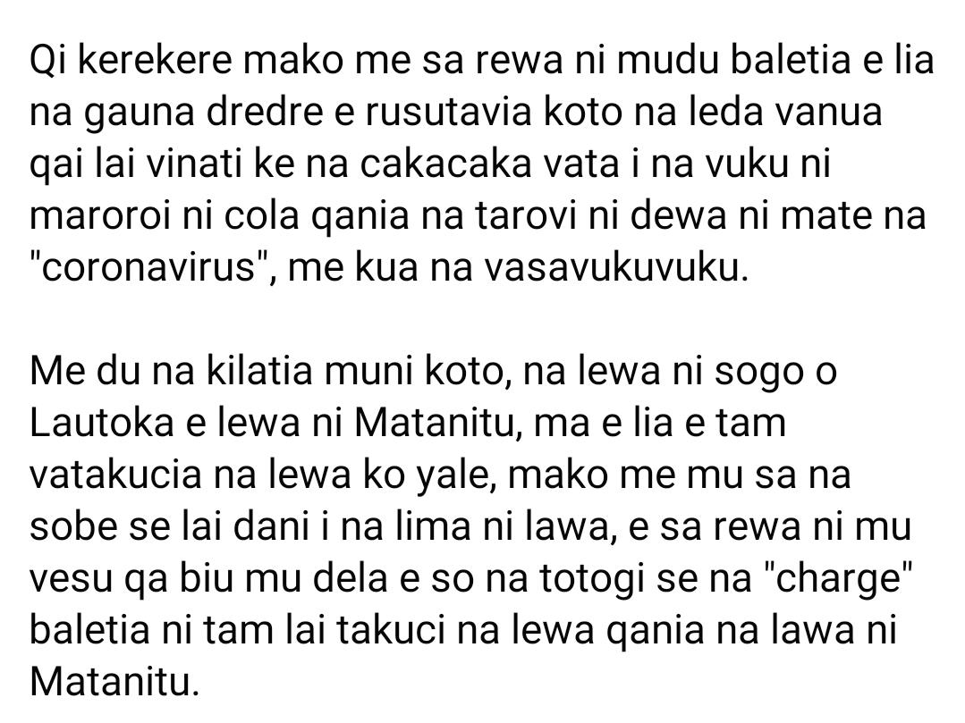 bendaveta's tweet photo. Va-Momo i Were Levu i Erenavula dra mata na Momo Levu na Tui Sabeto qania na kea kawa cola na siga nikua. Na gatere i na kea lai takuci na lewa ni Matanitu baletia na valuti ni #COVID19FJ . (Plea to people in Sabeto dialect to follow directives re: Lautoka lockdown) https://t.co/kuHToJdEMb