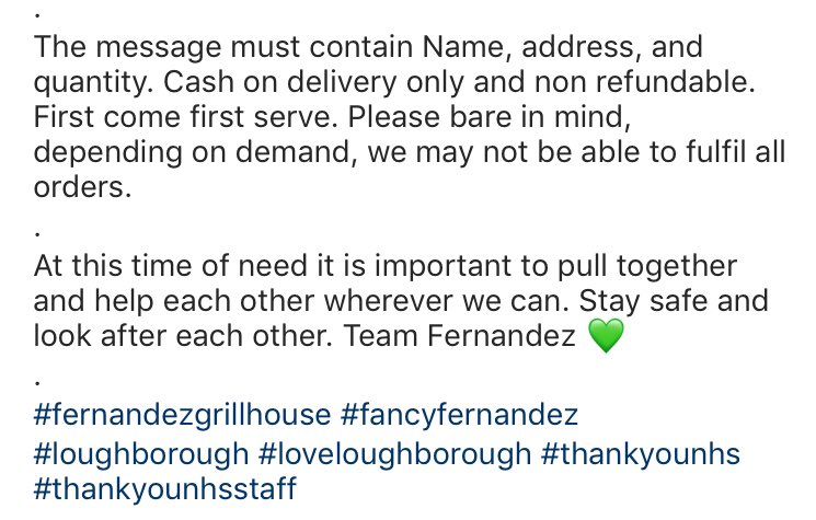 At this time of need it is important to pull together and help each other wherever we can. Stay safe and look after each other. Team Fernandez 💚
.
#fernandezgrillhouse #fancyfernandez 
#loughborough #loveloughborough #thankyounhs #thankyounhsstaff