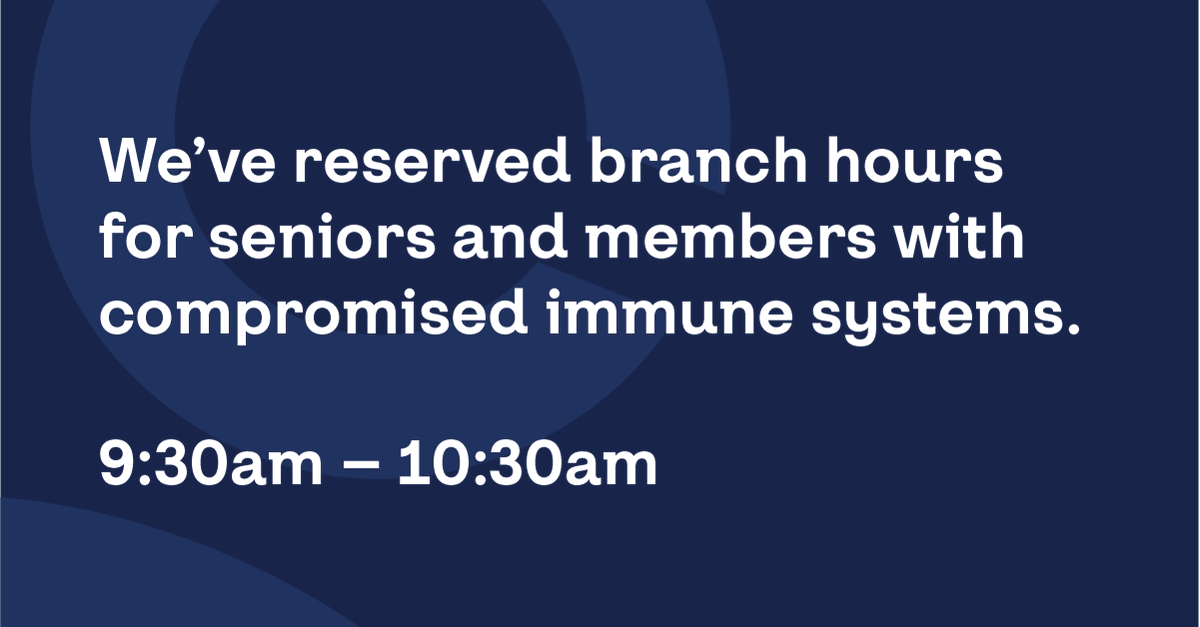 Coast_Capital's tweet photo. We’re reserving 9:30am - 10:30am at all our open branches for seniors and members with compromised immune systems. We appreciate your understanding as we do our best to give these members space and comfort so they can bank at ease. https://t.co/8DS26VtdM4