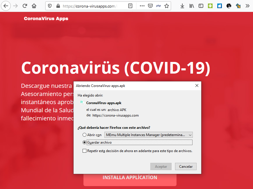 1ZRR4H's tweet photo. Más del Troyano Bancario #Cerberus, descarga desde:
corona-virusapps[.]com/s1/CoronaVirus-apps.apk
corona-virusapps[.]com/s2/CoronaVirus-apps.apk
corona-virusapps[.]com/s3/CoronaVirus-apps.apk

Relacionado a: https://t.co/BufGzP50nu

#malcovid19 #CiberCOVID19 #covid19 https://t.co/AaYx7h2dcP