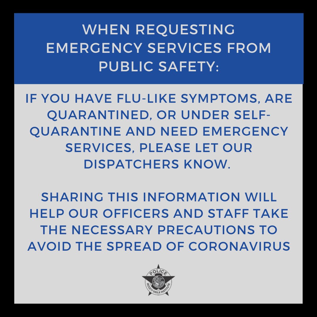 MoodySafety's tweet photo. Even calling Public Safety is different now.
We're still on campus and still responding, but please notify us if you are quarantined for have flu-like symptoms, no matter how small.

We need to stay safe, so we can keep campus safe! https://t.co/ZCW82ybBA9
