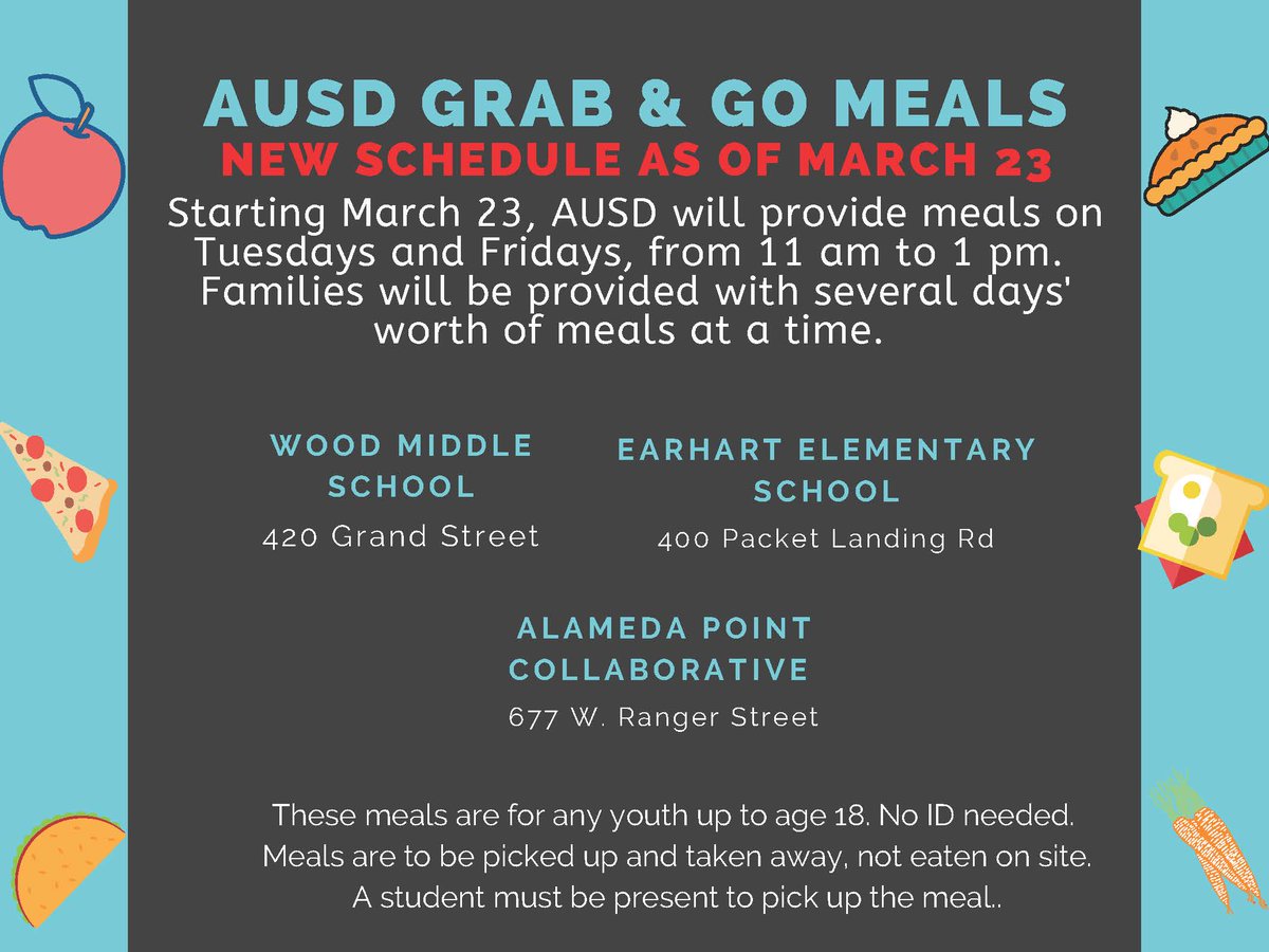 AUSDNews's tweet photo. Starting this week, our Food and Nutrition Services Department will be serving food Tuesdays and Fridays, 11 am - 1 pm, at 3 locations (Earhart Elementary School, Wood Middle School, and Alameda Point Collaborative). Families will receive several meals' worth of food each day. https://t.co/eSvKjoNttg