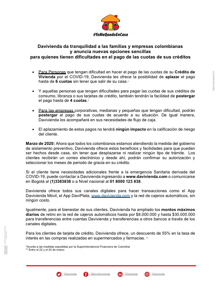 Davivienda's tweet photo. Medidas de apoyo para la seguridad y tranquilidad de nuestros clientes y sus familias. 

Estas son nuestras opciones para quienes tienen dificultades en el pago de las cuotas de sus créditos https://t.co/brcgp9JQmc