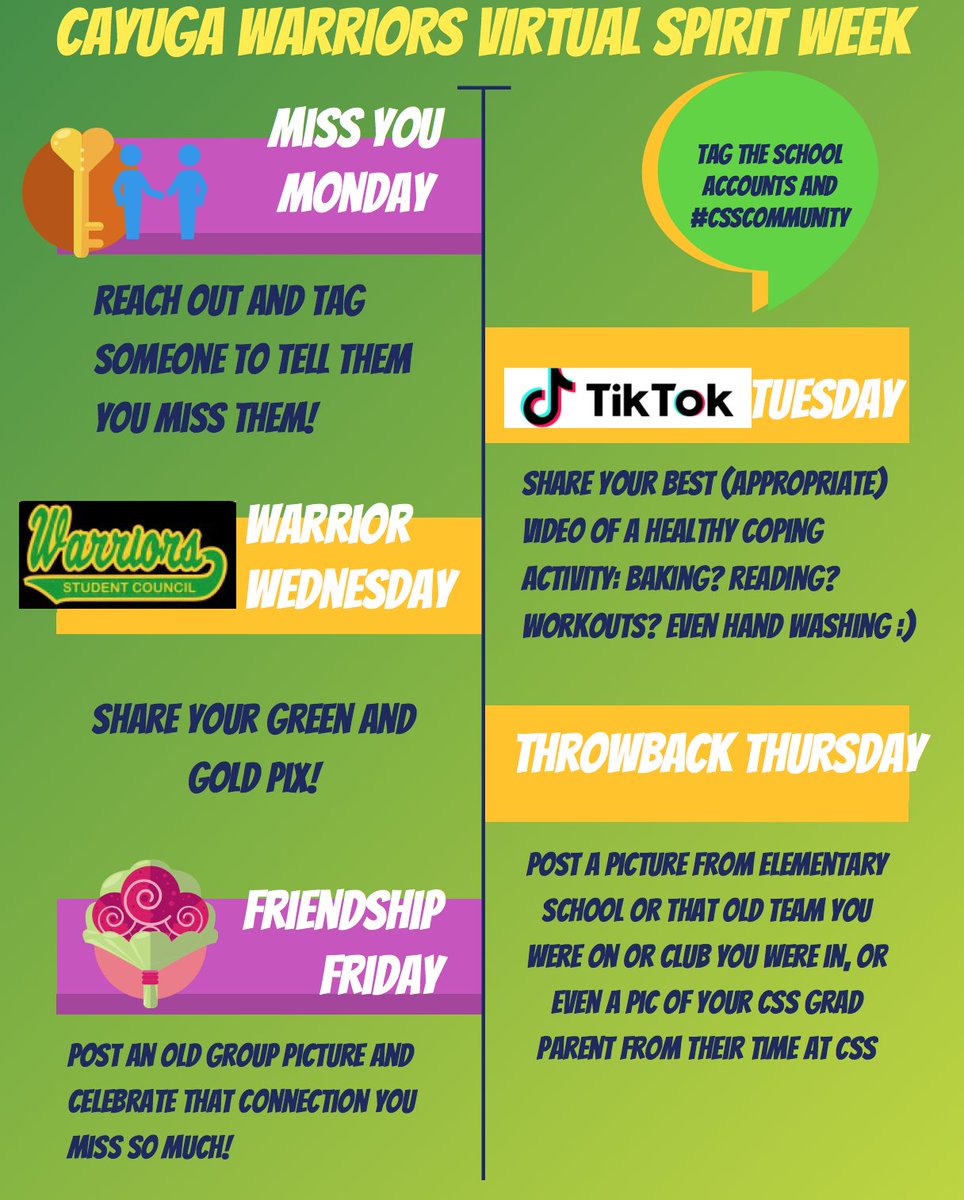 Jteachermann's tweet image. Hey .@CayugaSchool Let&apos;s have a virtual spirit week! Share and celebrate #csscommunity