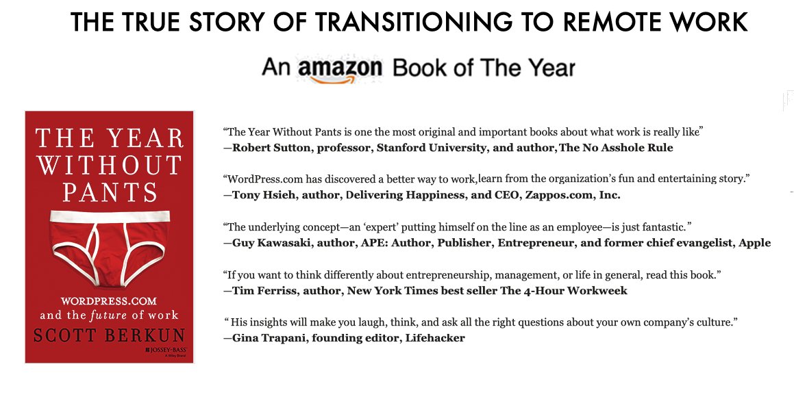 You can get The Year Without Pants, the behind the scenes book on moving to #remote work, for #FREE on most digital formats, including #kindle.  Spread the word. Thx. 

amazon.com/Year-Without-P…