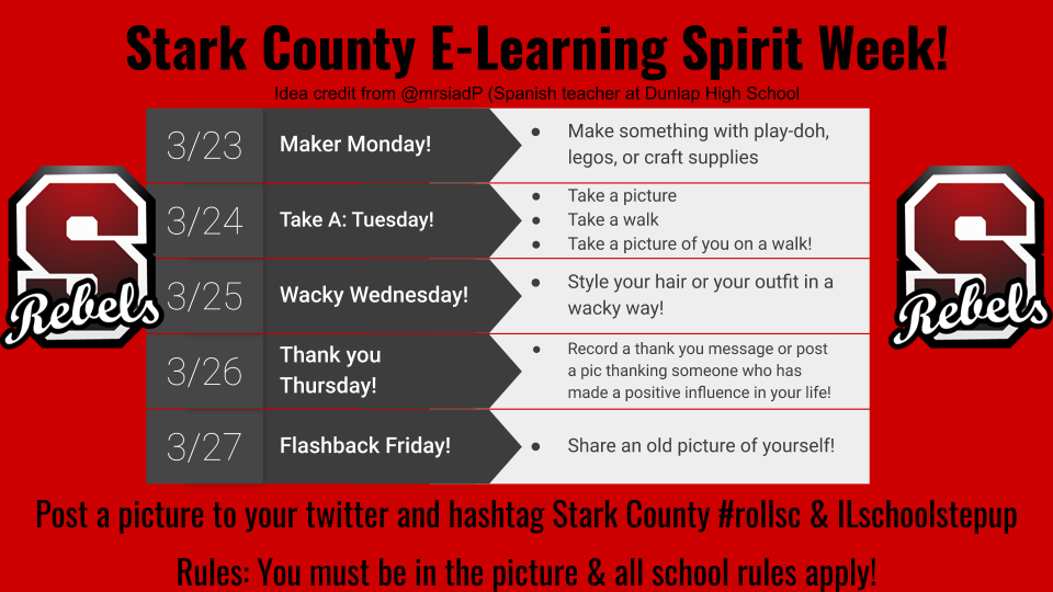 stark_high's tweet photo. E-Learning Spirit Week 2!
#rollsc #ilschoolsstepup #scelearns 
@DrNickSutton @SCESlearners @CouncilStark https://t.co/pXBwPDVqs4