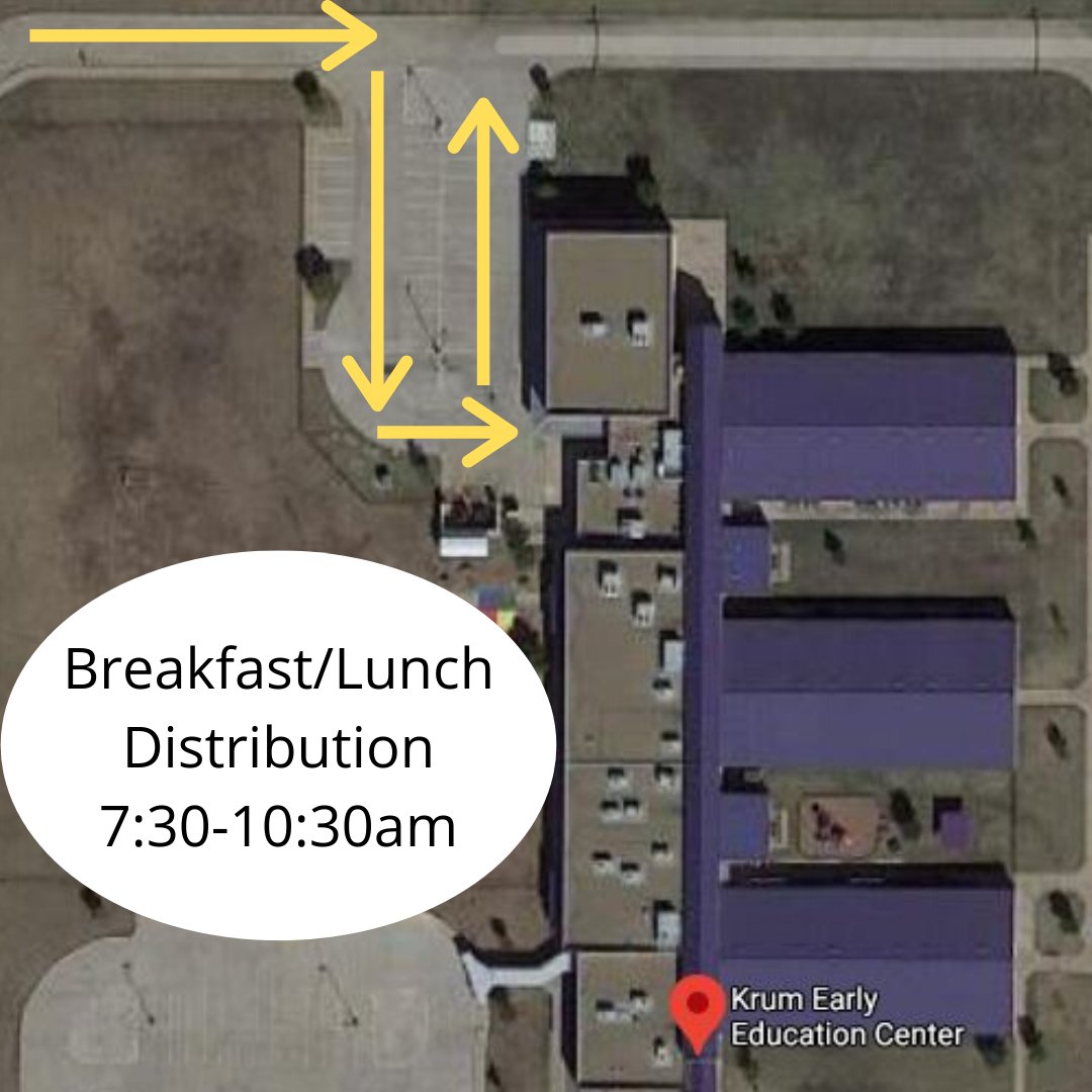 KrumBobcats's tweet photo. Reminder: Beginning tom., 3/23, curbside meal distribution will be available to any KISD student free of charge at the EEC only from 7:30-1:30. Foodservice distribution will contain a combined breakfast/lunch to be picked up at the back of the EEC, shown here with yellow arrows https://t.co/AsgIqnjvnH