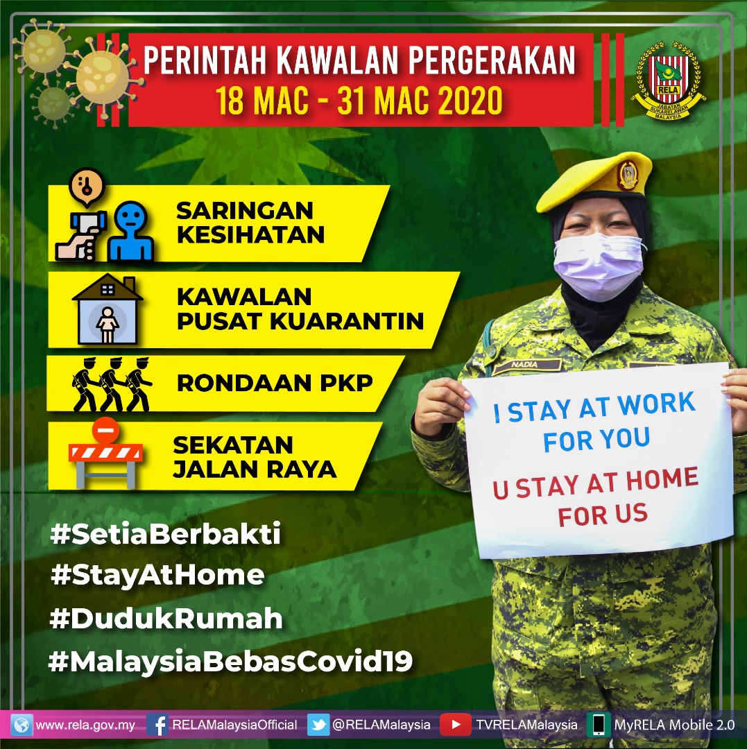 Orang ramai diingatkan untuk mematuhi arahan pegawai &amp; anggota <a href="/relamalaysia/">relamalaysia</a> yg bertugas #PerintahKawalanPergerakan.
#SetiaBerbakti
#StayAtHome  
#DudukRumah
#MalaysiaBebasCovid19
<a href="/MKNJPM/">MAJLIS KESELAMATAN NEGARA</a>
<a href="/KDNPUTRAJAYA/">KDN🇲🇾</a>