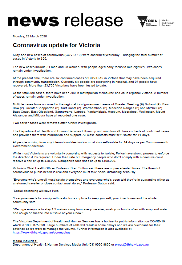 "Sixty-one new cases of coronavirus (COVID-19) were confirmed yesterday – bringing the total number of cases in Victoria to 355." @VicGovDHHS <a href="/9NewsMelb/">9News Melbourne</a>