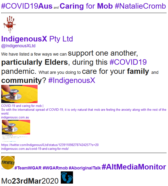 WgarNews's tweet photo. #COVID19Aus & #CaringForMob | #NatalieCromb @NatalieCromb via #IndigenousX @IndigenousX @IndigenousXLtd #IndigenousXLtd https://t.co/omJiglTaWO | #WGARmob #AltMediaMonitor #WGARenewsletters ft #AboriginalCommunities #covid19australia #ImpactsOfColonisation https://t.co/EmJhQ4ke0h https://t.co/QCHDKmRd9S