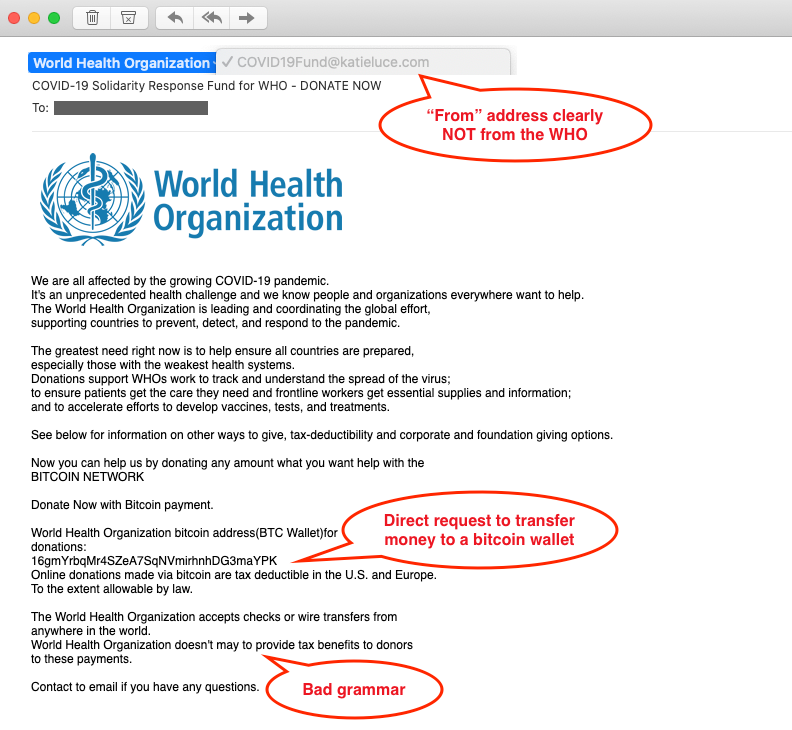 SendForensics's tweet photo. Received this morning impersonating the WHO, with some annotations by us for scam identification. Always search for the official website via a browser for more info when unsure - don't click! #emailsecurity #phishing #COVID19 https://t.co/6oG52VKfJL
