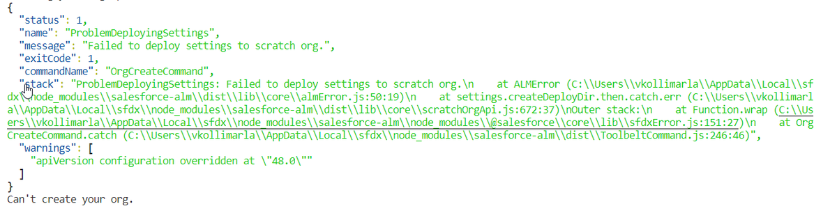kvincloud59's tweet photo. @brianmfear @sfdcfox @WadeWegner The weird part is - I did upgrade salesforcedx plugin to the latest i.e. salesforcedx 48.5.1 and re-ran the create org , it went through.
But this is what I saw when the create command failed earlier. https://t.co/uHseaKr3B6
