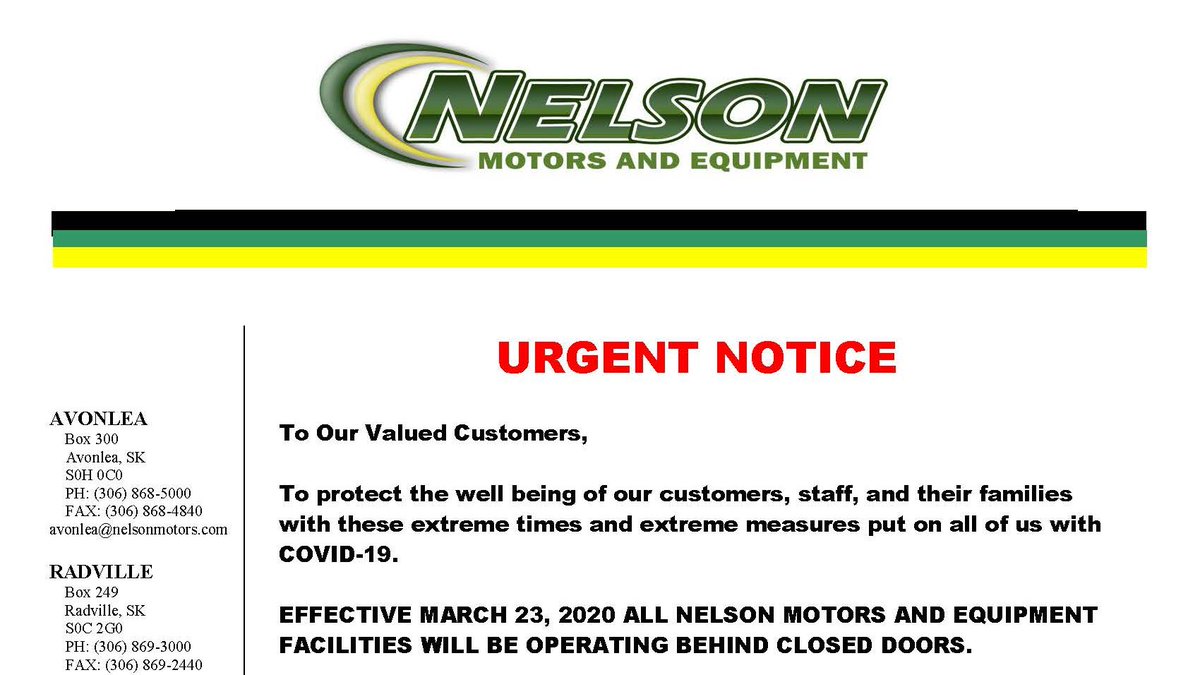 NelsonMotors's tweet photo. Effective March 23, 2020 Nelson Motors &amp; Equipment will be operating behind closed doors. Please call, email or use online services. See statement below. Thanks https://t.co/gnM0YAJsSh